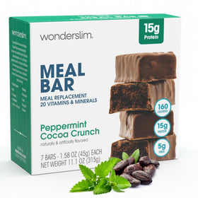 WonderSlim Peppermint Cocoa Crunch packaging shows convenient on-the-go meal replacement