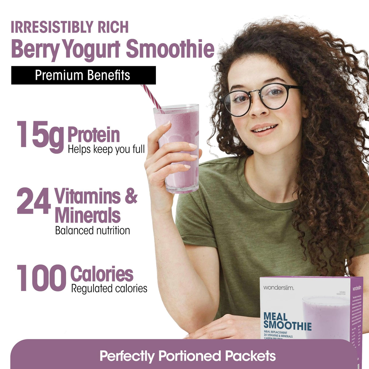 WonderSlim Berry Yogurt Smoothie Glass highlights creamy berry flavor with protein.