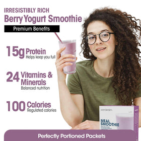 WonderSlim Berry Yogurt Smoothie Glass highlights creamy berry flavor with protein.