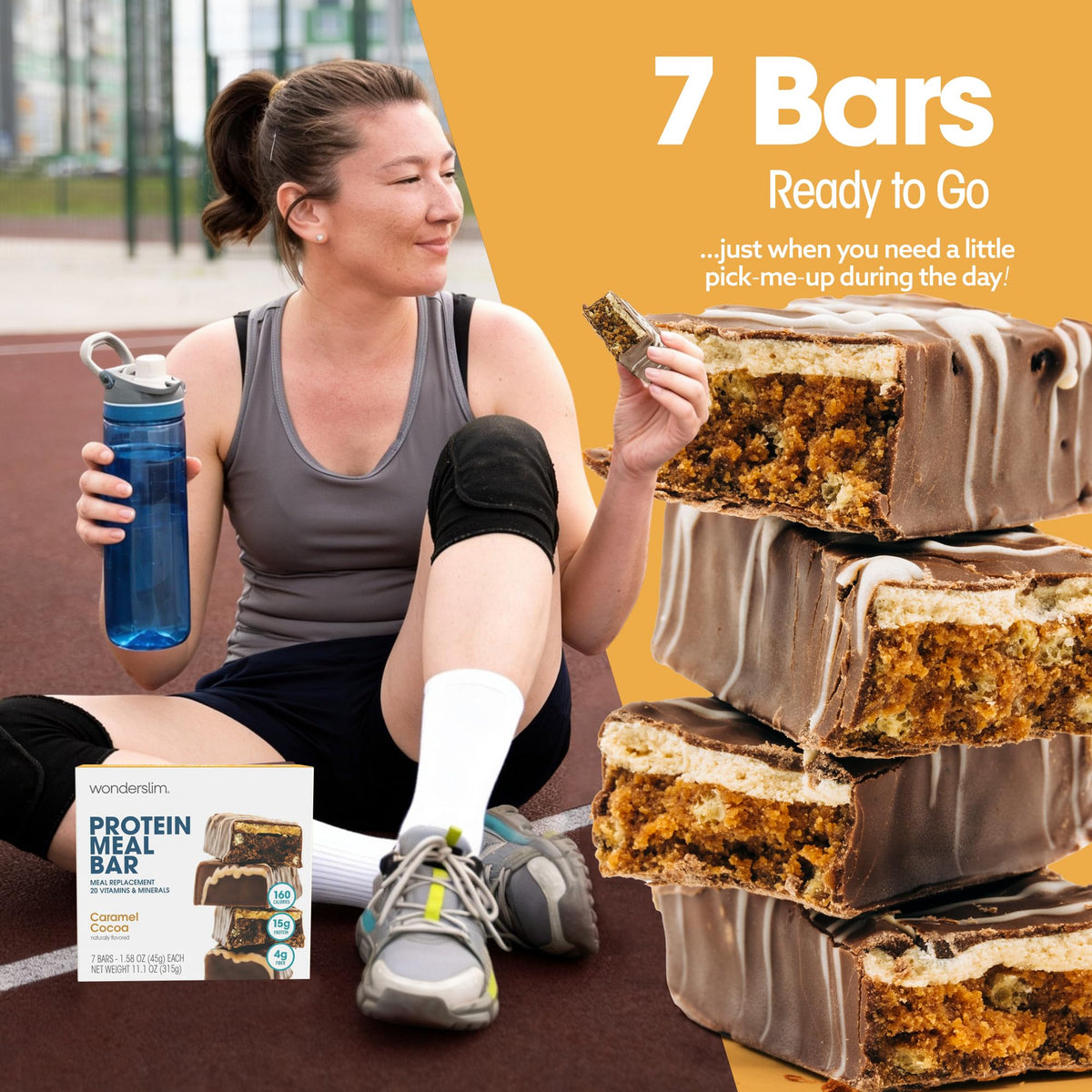 WonderSlim caramel cocoa bar bite shot captures creamy texture and aroma