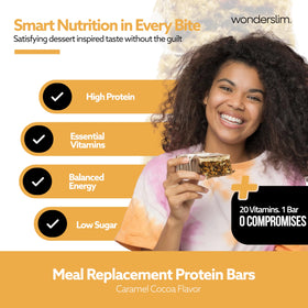 WonderSlim caramel cocoa bar foil pack highlights convenient on the go nutrition