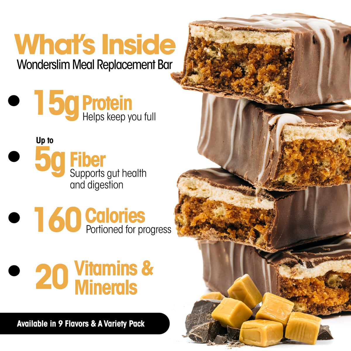 WonderSlim caramel cocoa bar front displays ready to eat gluten free snack