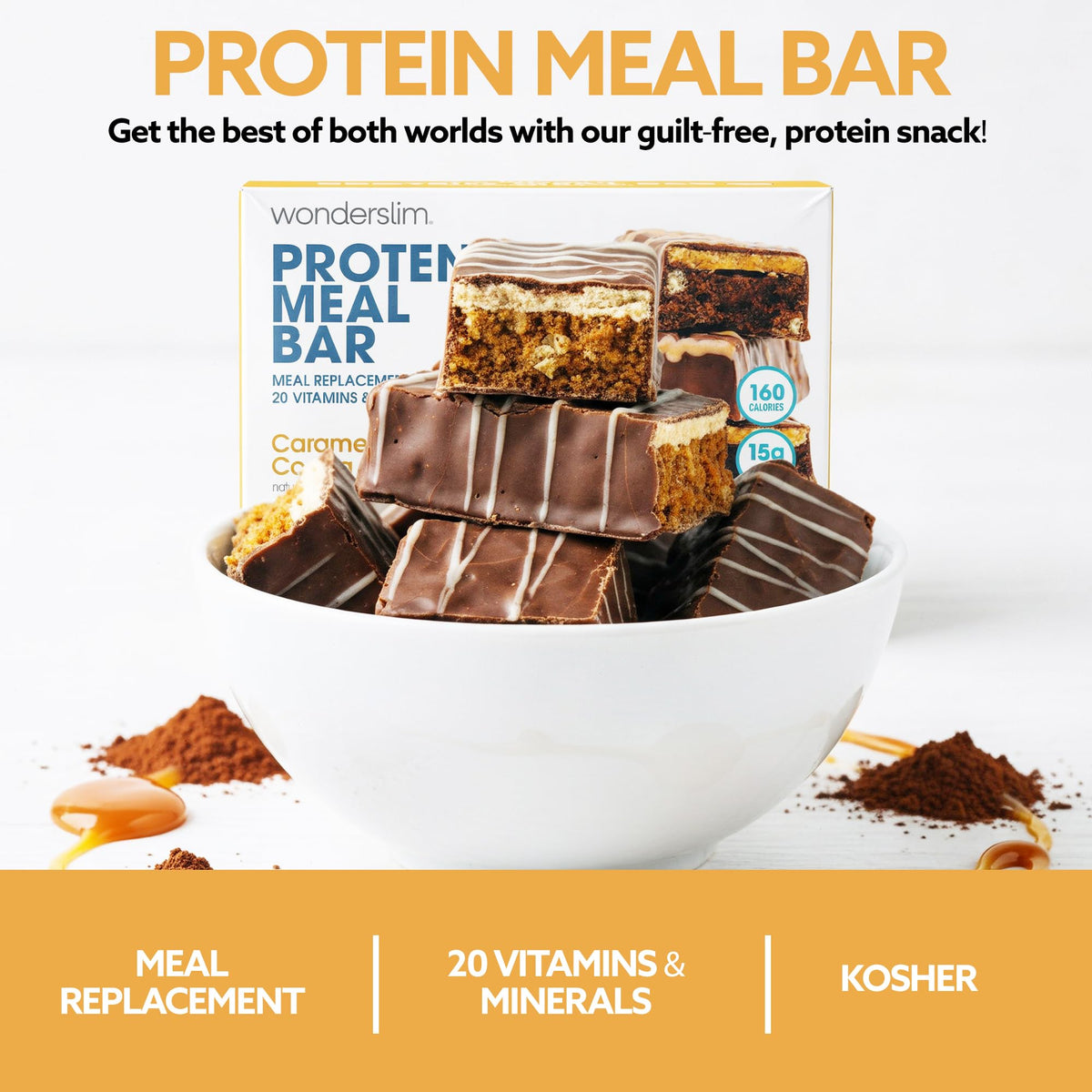 WonderSlim caramel cocoa bar nutrition label focuses on protein and vitamins
