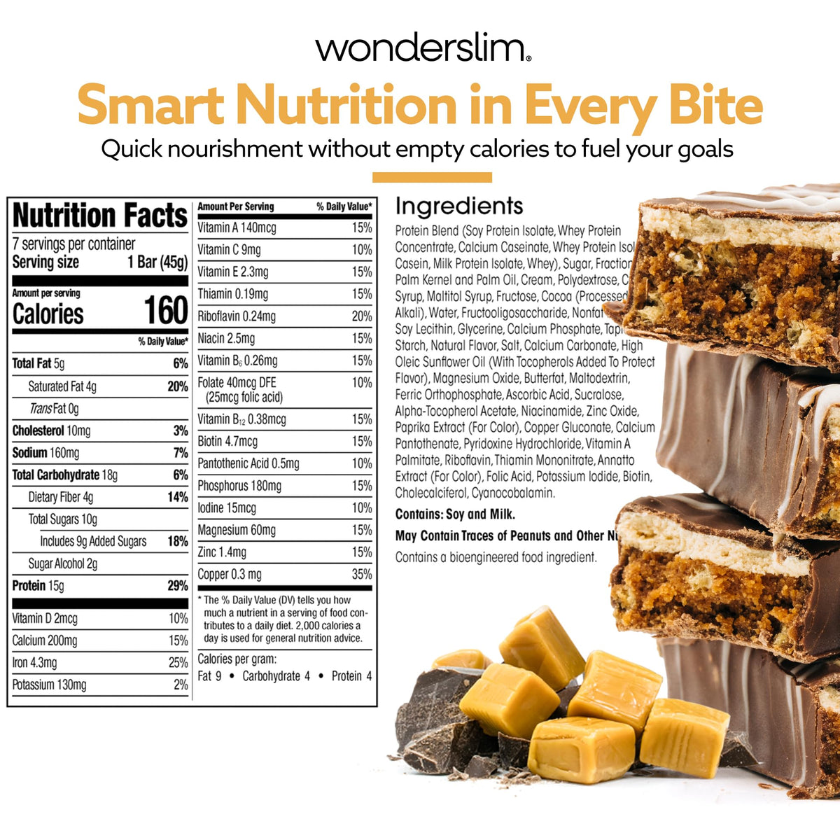 WonderSlim caramel cocoa bar pack pcs shows multiple bars in a box