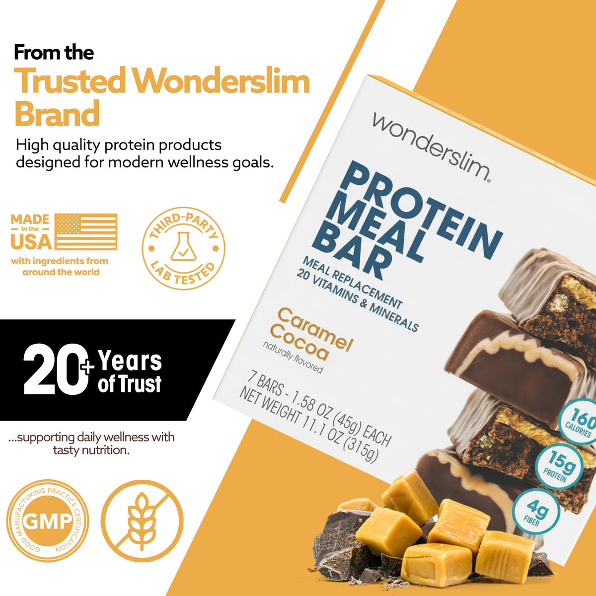 WonderSlim caramel cocoa bar shelf display highlights gluten free option