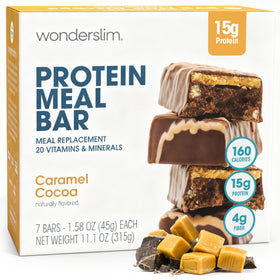WonderSlim caramel cocoa bar wrap shows portable protein for busy days