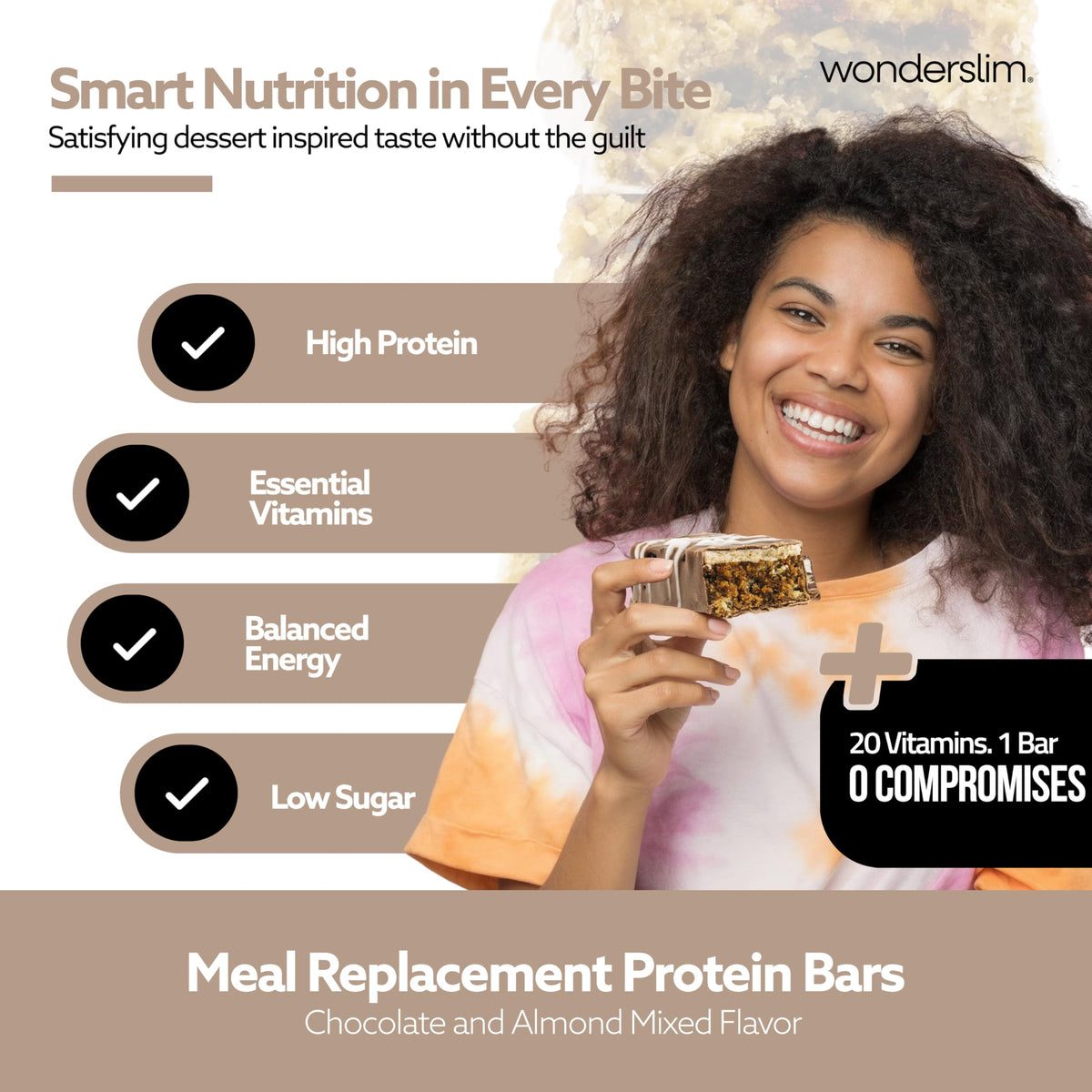 WonderSlim bar cross-section; texture and almond crunch visible.