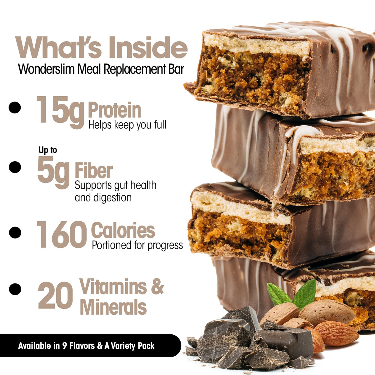WonderSlim chocolate almond bar in hand; portable protein-packed snack.
