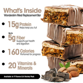 WonderSlim chocolate almond bar in hand; portable protein-packed snack.