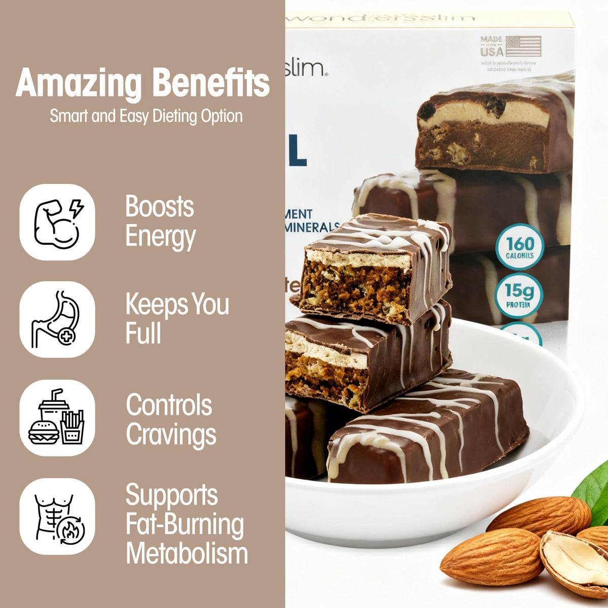 WonderSlim chocolate almond bar; ingredients reveal 20 vitamins.