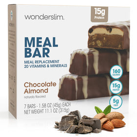WonderSlim chocolate almond bar in packaging; convenient on-the-go meal replacement.