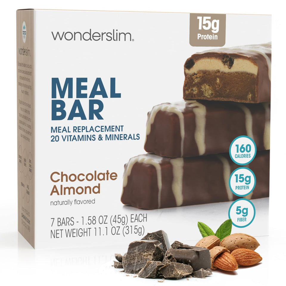 WonderSlim chocolate almond bar in packaging; convenient on-the-go meal replacement.