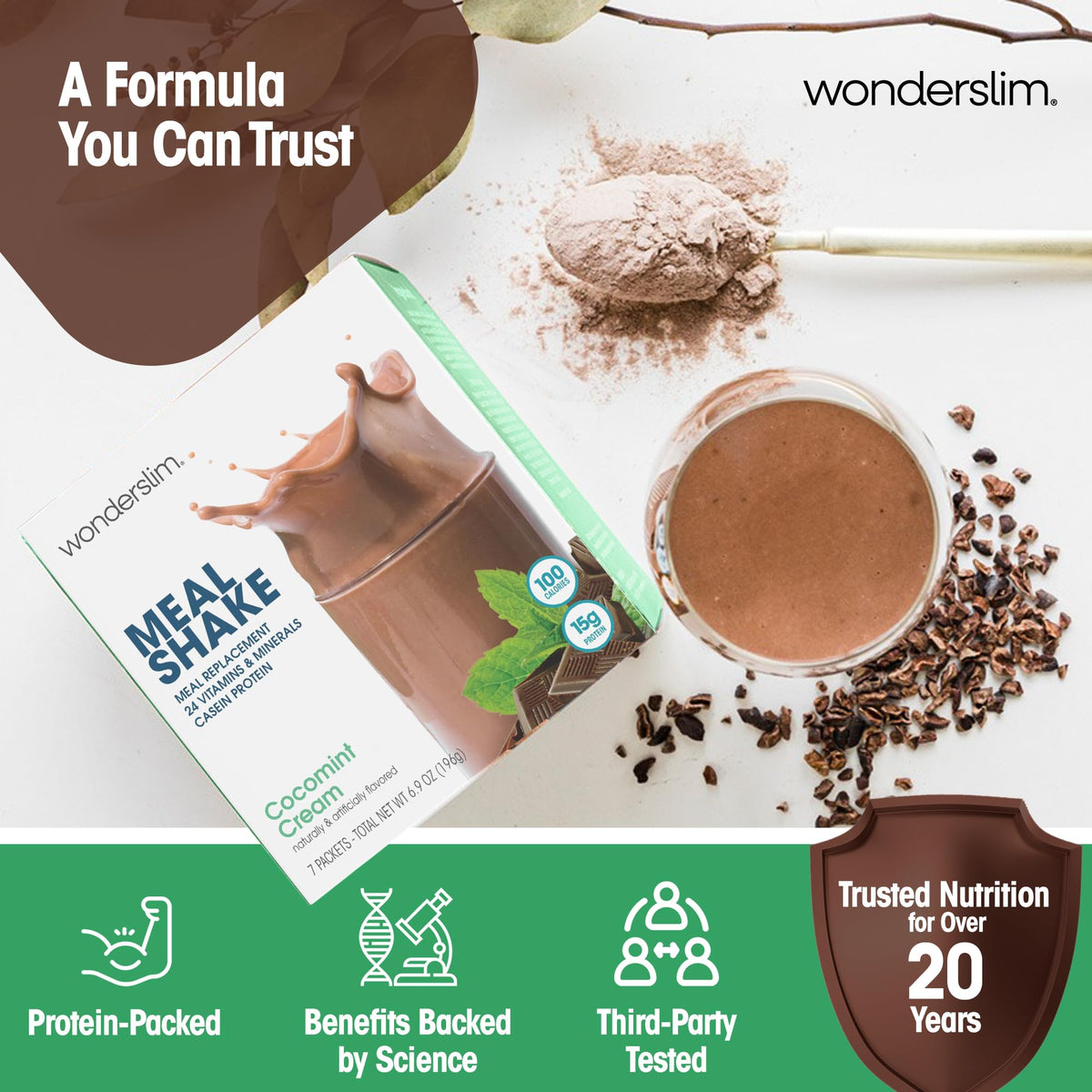 WonderSlim CocoMint Cream protein scoop showcases 15g protein per serving