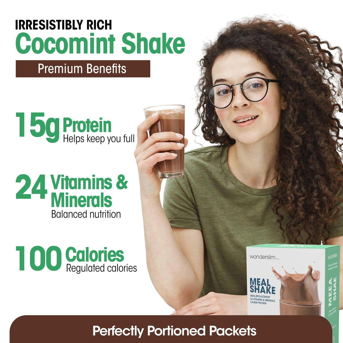 WonderSlim CocoMint Cream shake glass shows creamy texture and inviting color