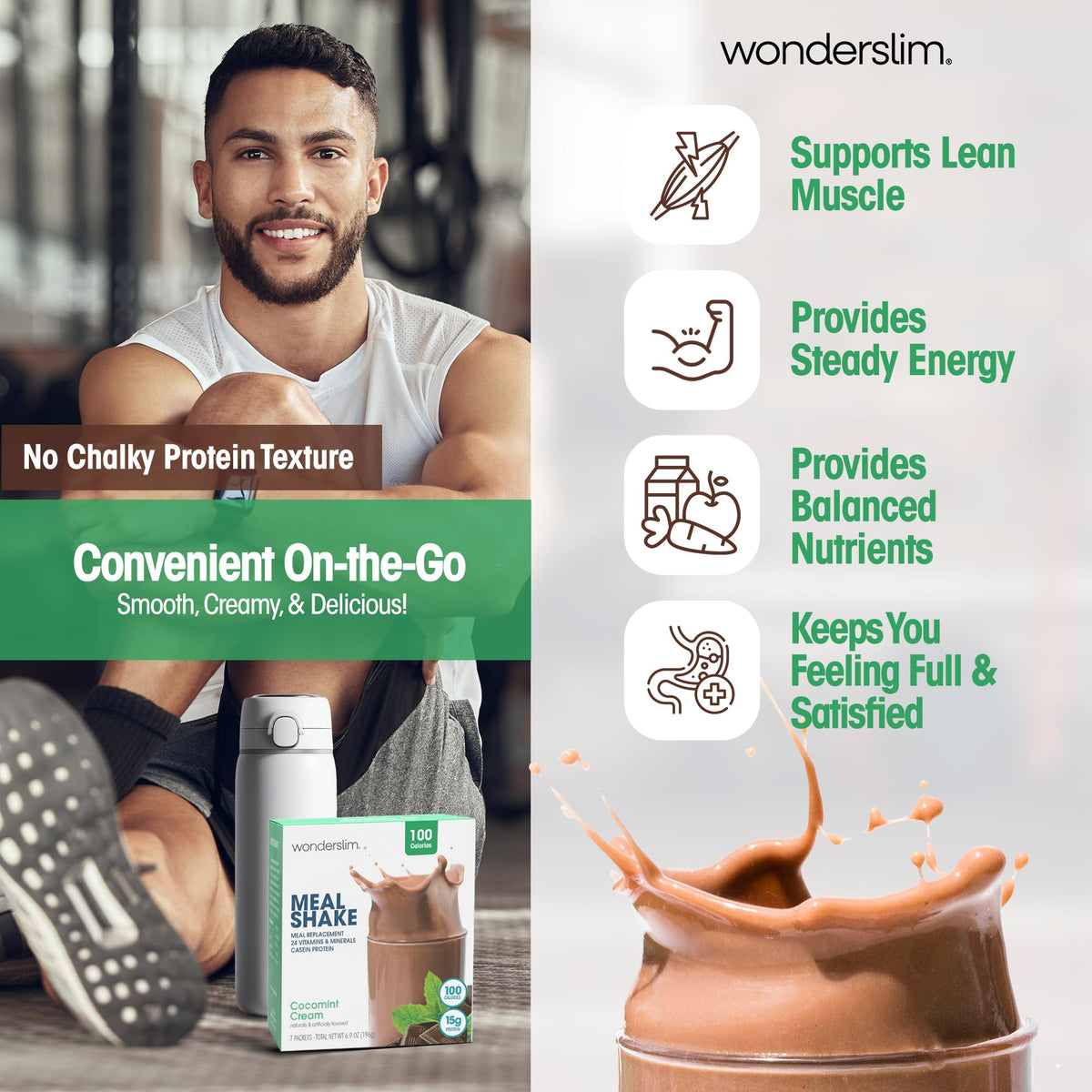 WonderSlim CocoMint Cream shake packet emphasizes convenient single-serve nutrition