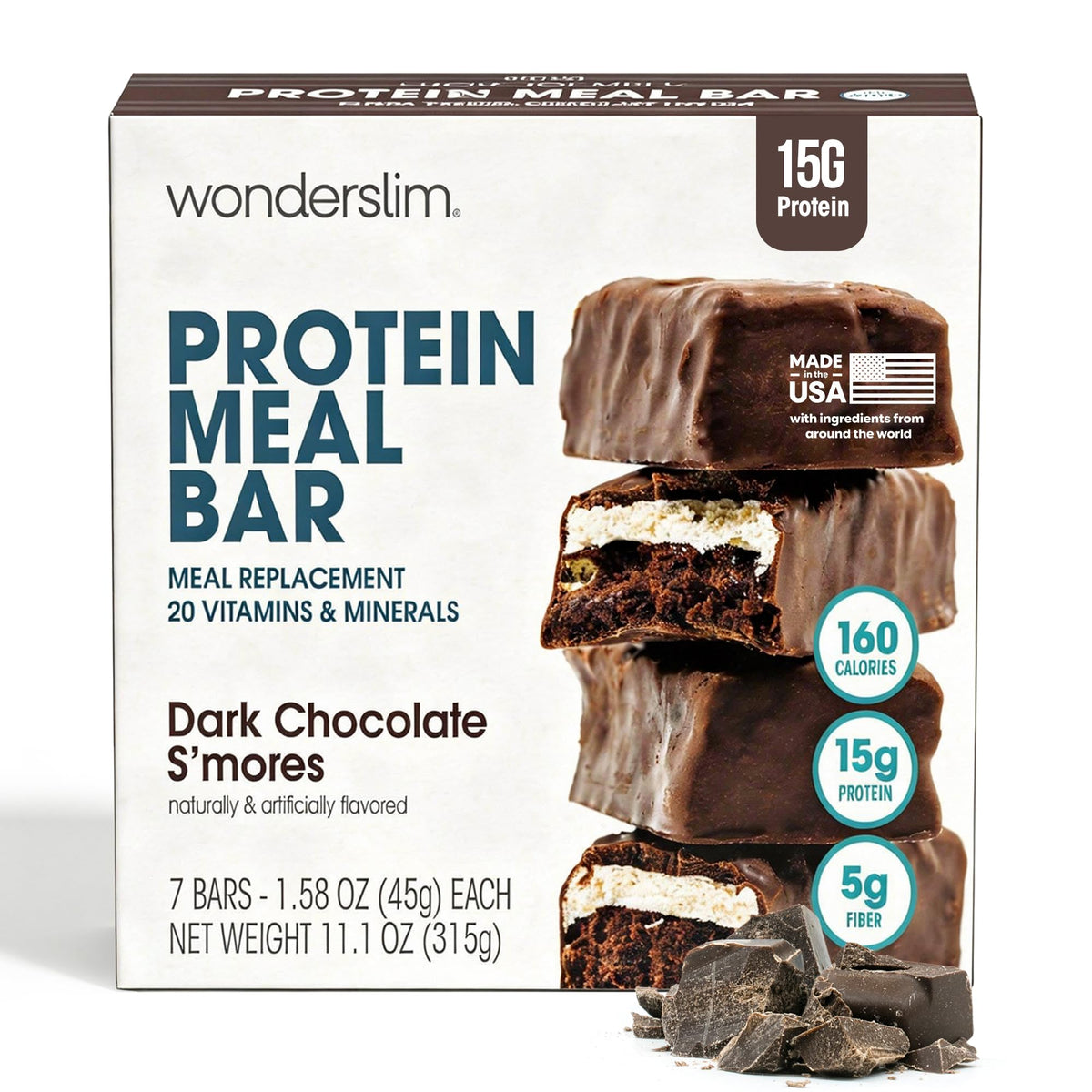 WonderSlim Dark Chocolate S'mores bar packaging showing convenient on-the-go option.
