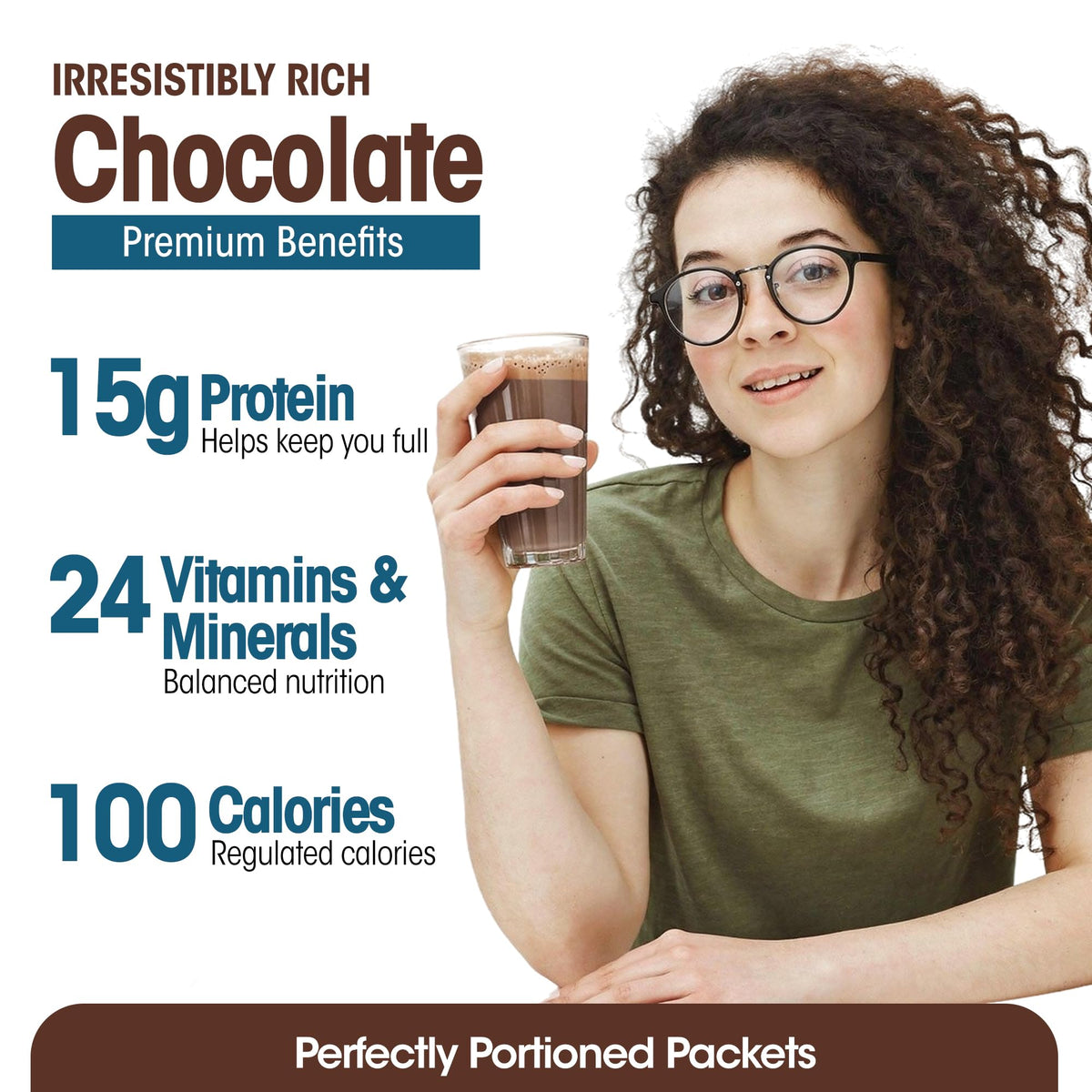 Close-up of glass with poured WonderSlim Dark Cocoa Cream shake showing smooth texture.