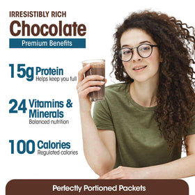 Close-up of glass with poured WonderSlim Dark Cocoa Cream shake showing smooth texture.