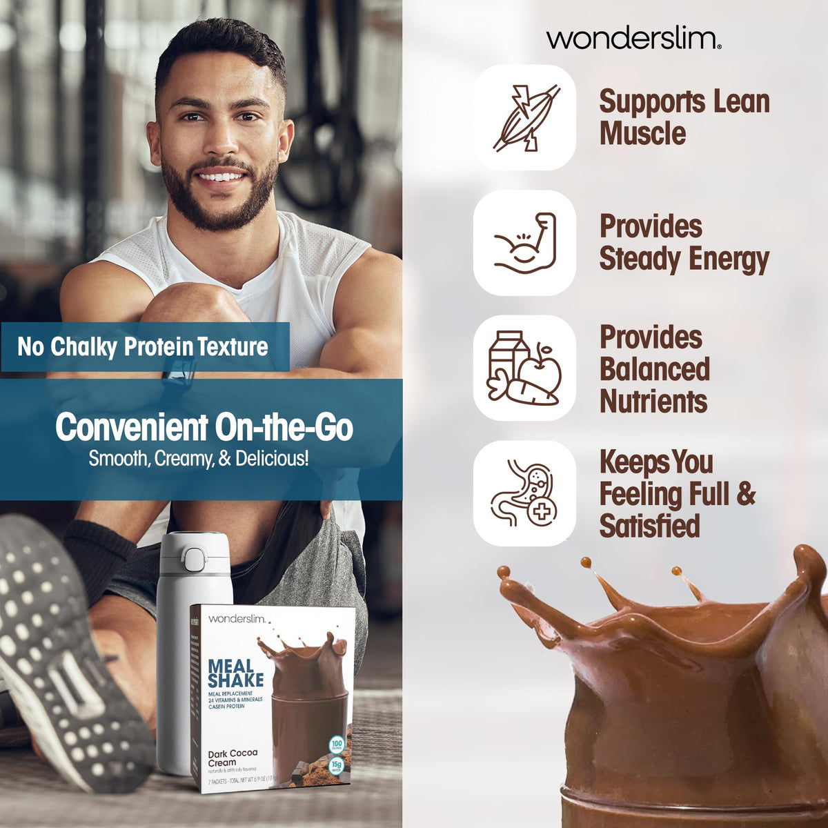 Nutrition panel for WonderSlim Dark Cocoa Cream shows 24 vitamins and 100 calories per serving.