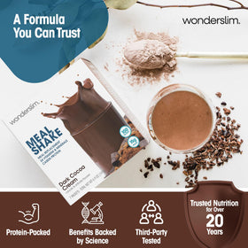 Creamy WonderSlim Dark Cocoa Cream shake texture with gluten-free ingredients.