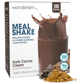 WonderSlim Dark Cocoa Cream shake packaging shown with creamy texture and convenience.