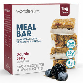 WonderSlim Double Berry Bar packaging shows convenient on-the-go nutrition for busy days
