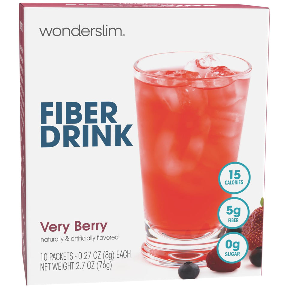 WonderSlim Fiber Drink Very Berry glass shows a refreshing beverage with 5g fiber per serving.