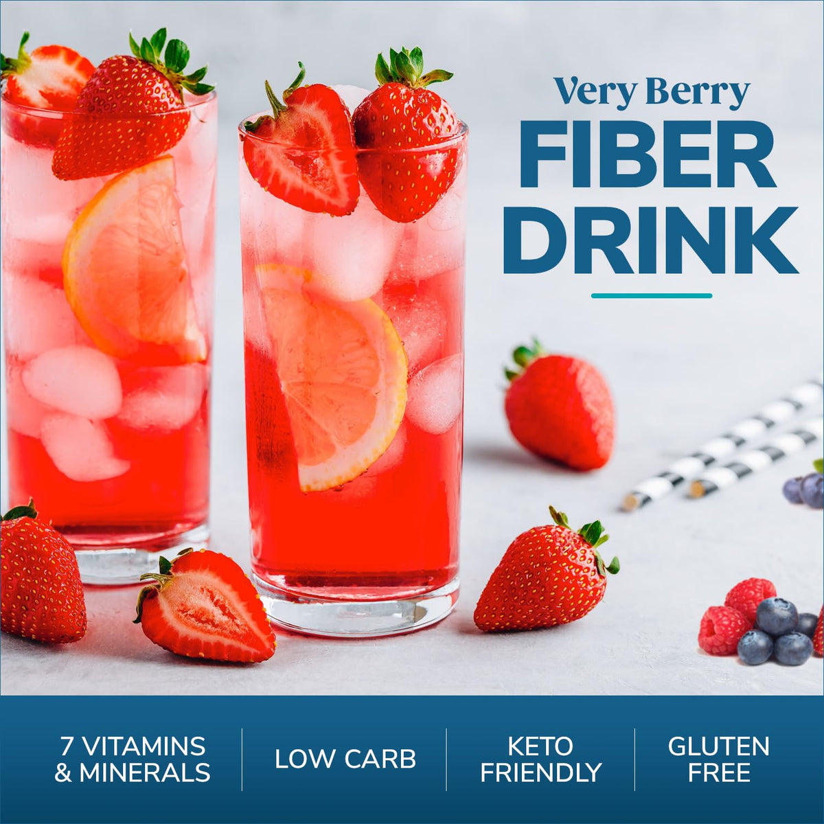 WonderSlim Fiber Drink Very Berry nutrition panel highlights 0g sugar and 1g net carbs.