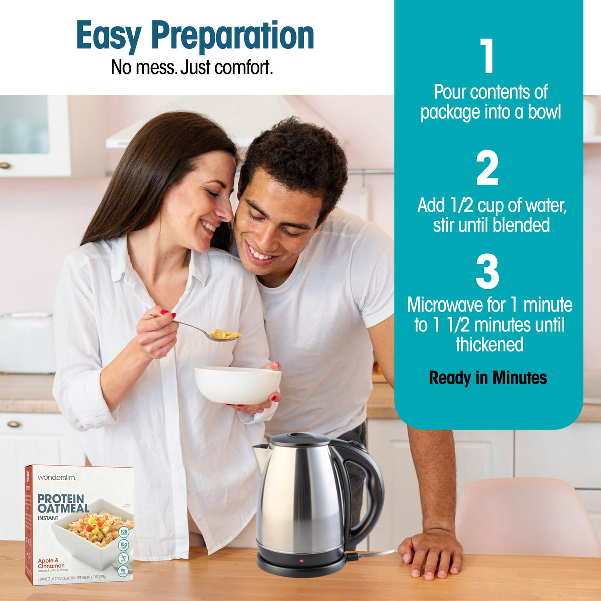 WonderSlim Instant Protein Oatmeal Apple Cinnamon microwave-ready for quick mornings.