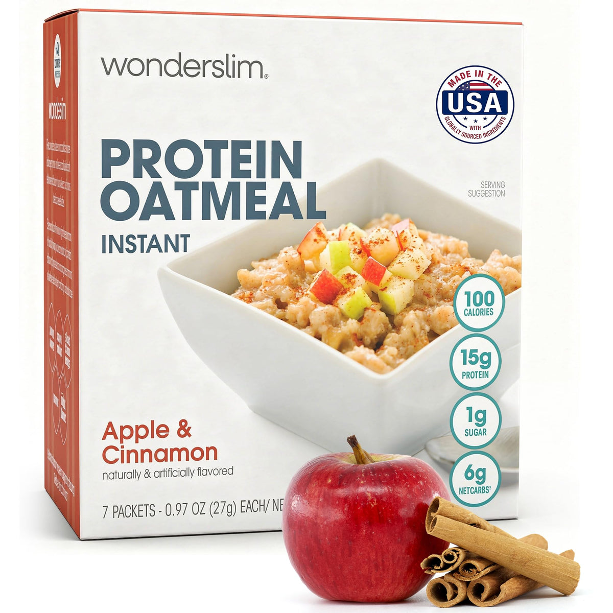WonderSlim Instant Protein Oatmeal Apple Cinnamon packaging for gluten-free convenience.
