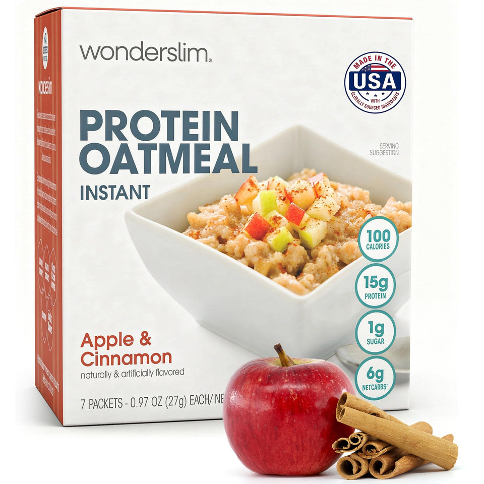 WonderSlim Instant Protein Oatmeal Apple Cinnamon packaging for gluten-free convenience.