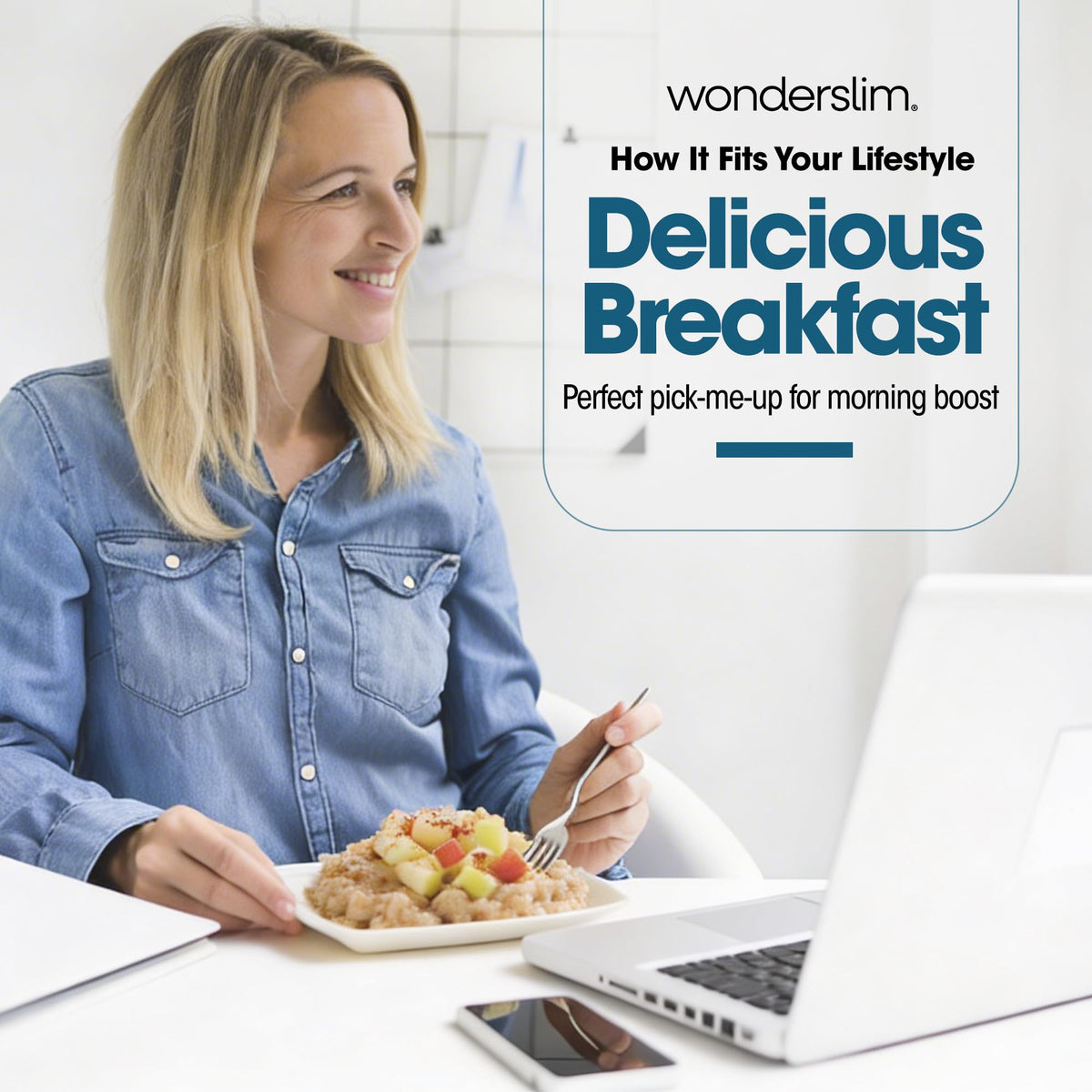 WonderSlim serving spoon beside oats evokes a warm inviting aroma.