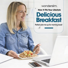 WonderSlim serving spoon beside oats evokes a warm inviting aroma.