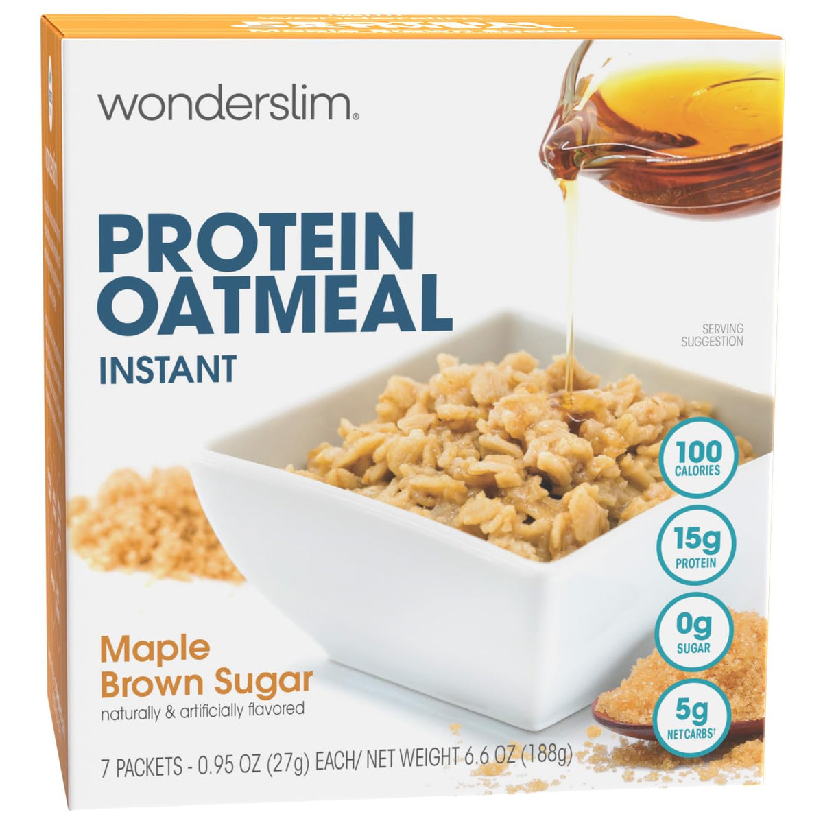 WonderSlim Instant Protein Oatmeal maple brown sugar packaging showing a convenient low-sugar breakfast