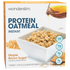 WonderSlim Instant Protein Oatmeal maple brown sugar packaging showing a convenient low-sugar breakfast