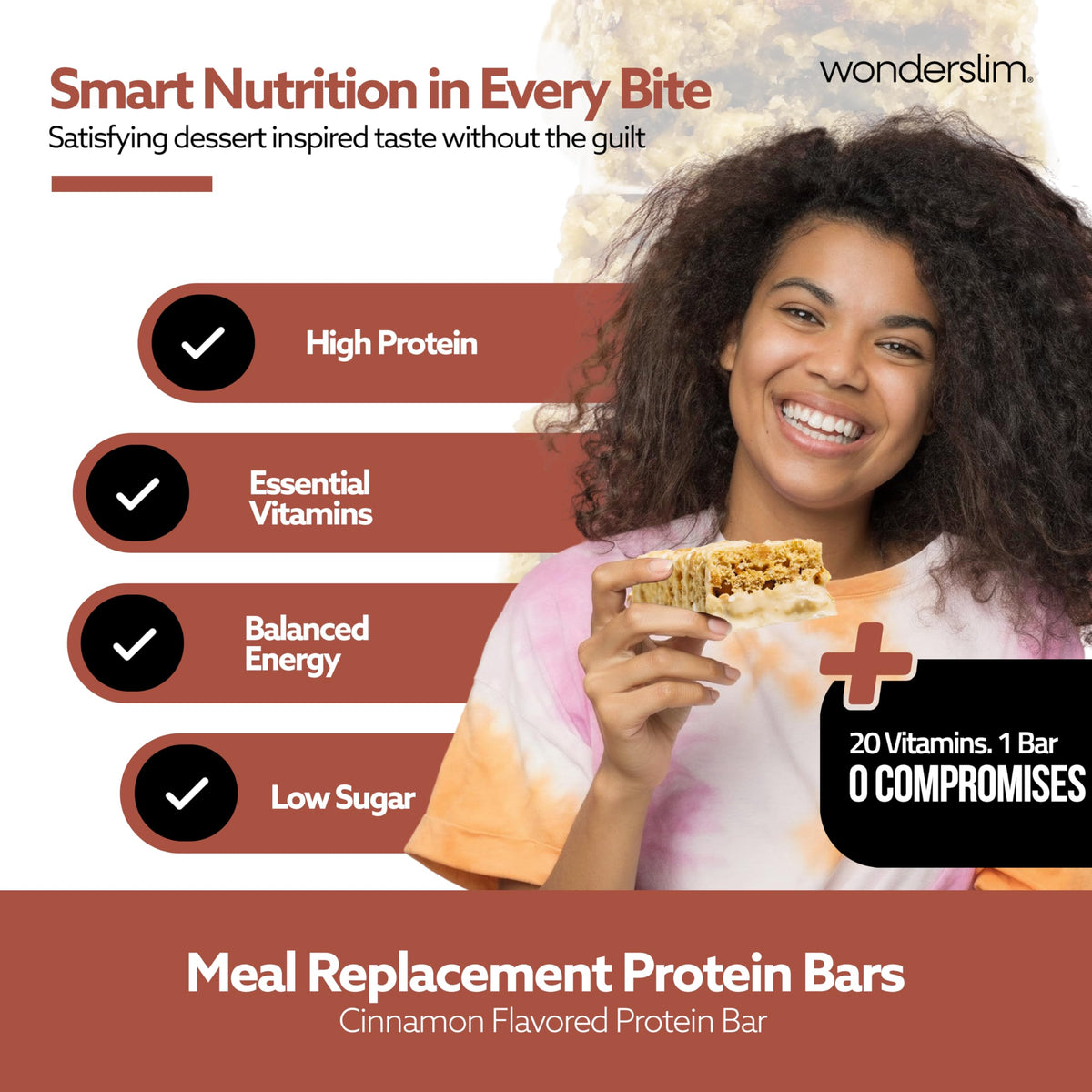 WonderSlim Cinnamon bar close-up shows 15g protein and 5g fiber for fullness.