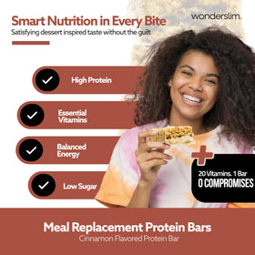 WonderSlim Cinnamon bar close-up shows 15g protein and 5g fiber for fullness.