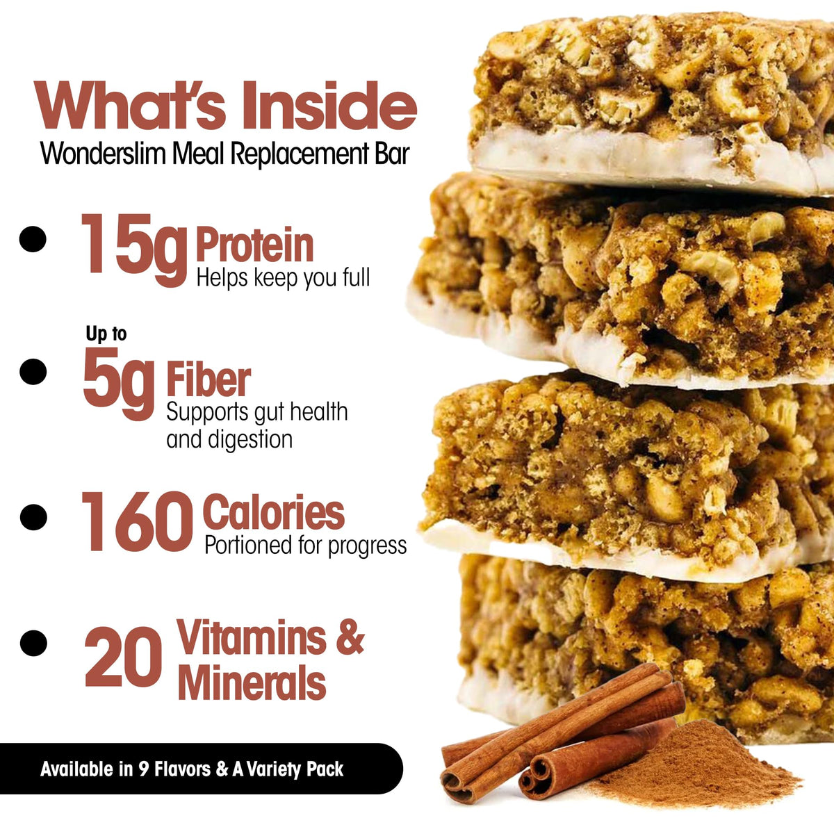 WonderSlim Cinnamon bar gluten-free label shown on front.