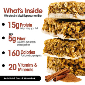 WonderSlim Cinnamon bar gluten-free label shown on front.