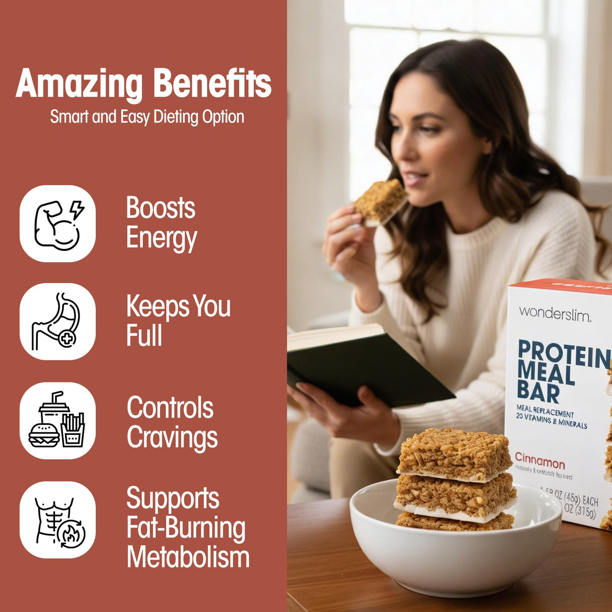 WonderSlim Cinnamon bar nutrition facts highlighted on packaging.