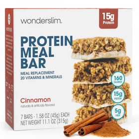 WonderSlim Cinnamon meal bar packaging highlights gluten-free, on-the-go protein option.