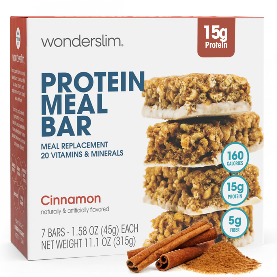 WonderSlim Cinnamon meal bar packaging highlights gluten-free, on-the-go protein option.