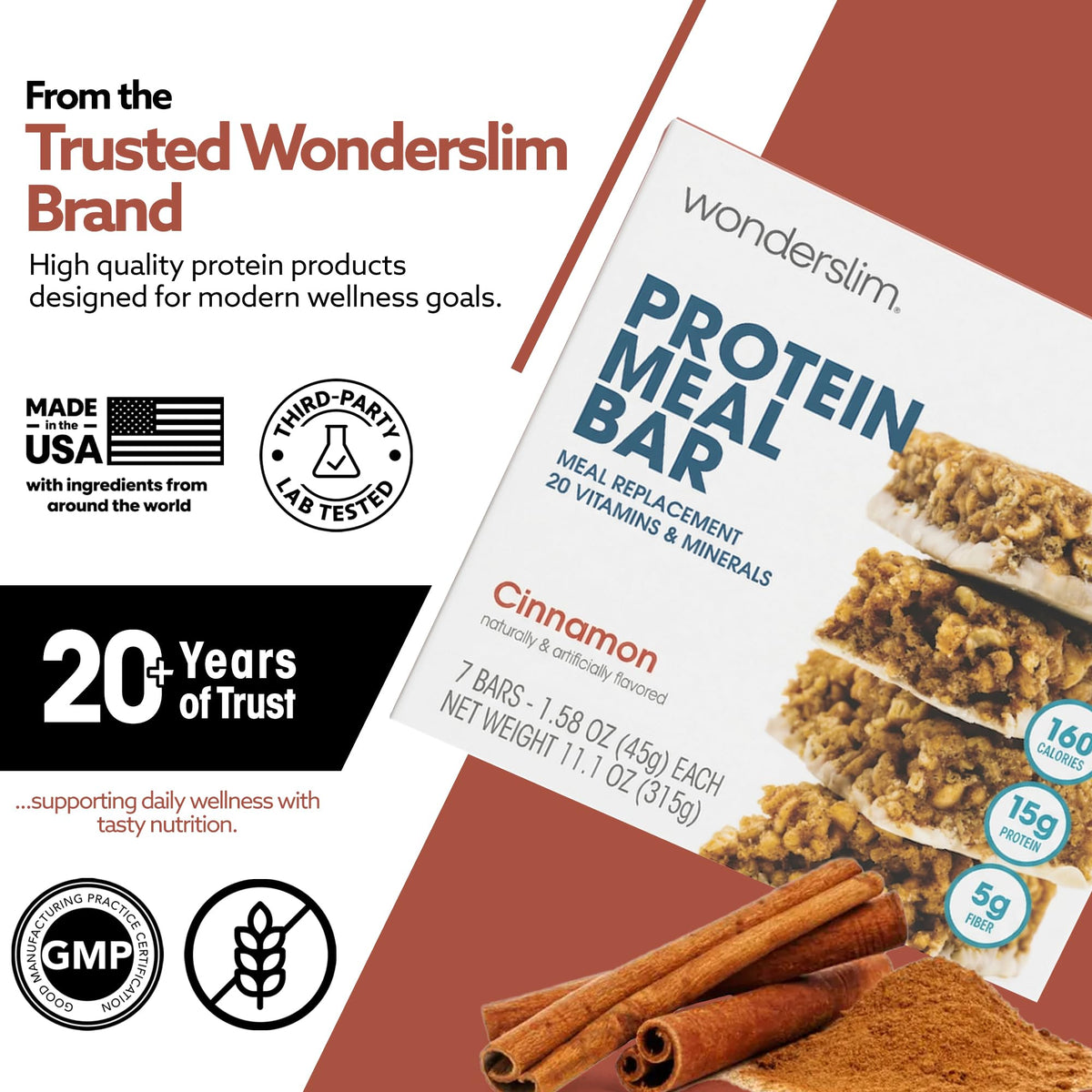WonderSlim Cinnamon bar with 15g protein is easy to grab.
