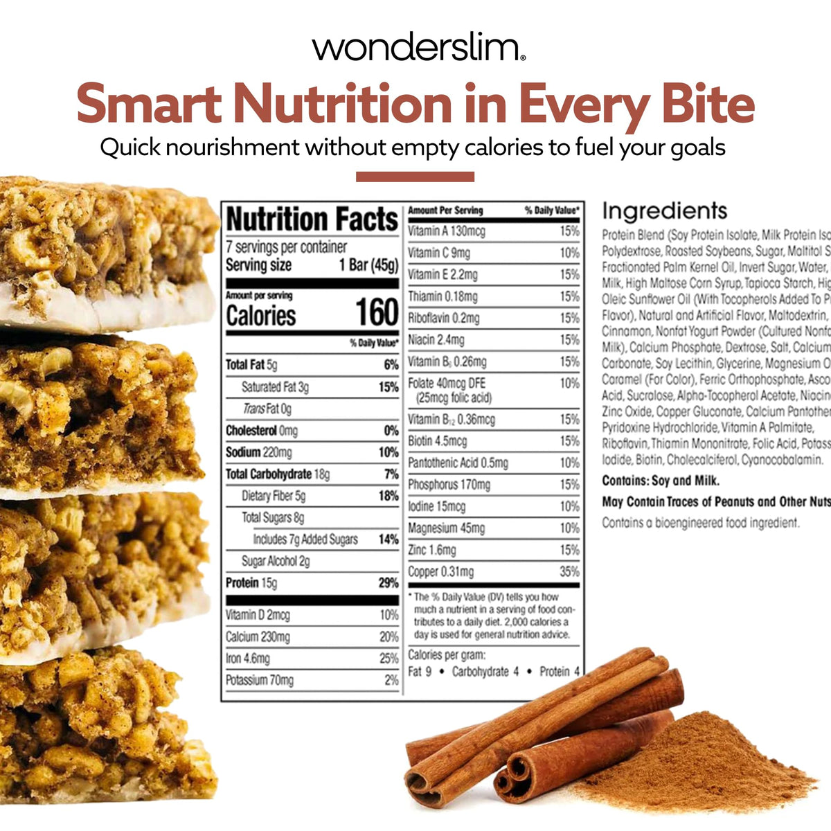 WonderSlim Cinnamon bar box demonstrates easy meal replacement option.