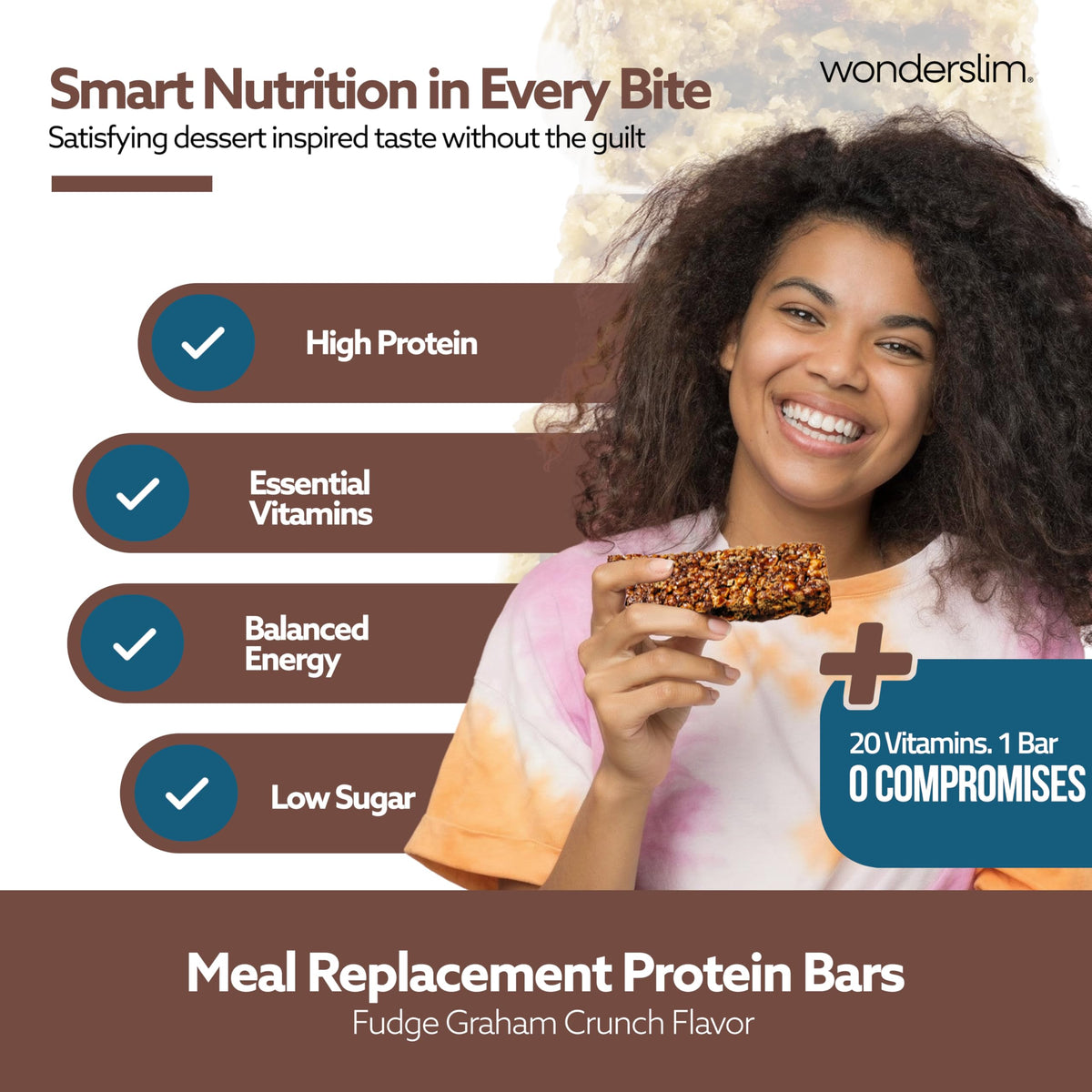 Cross-section of WonderSlim fudge graham bar showing texture and protein boost