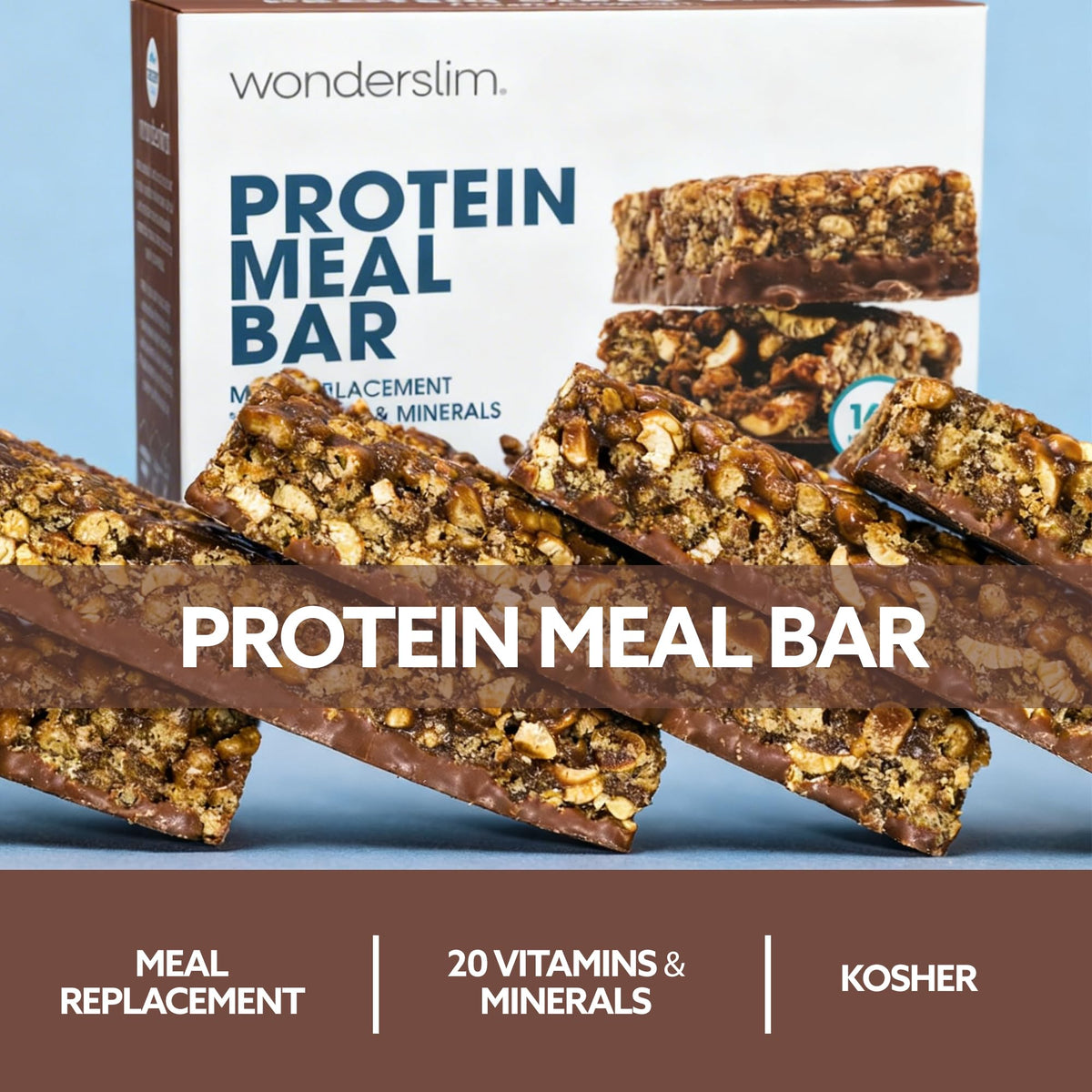 Nutrition facts panel of WonderSlim fudge graham bar highlights protein and vitamins