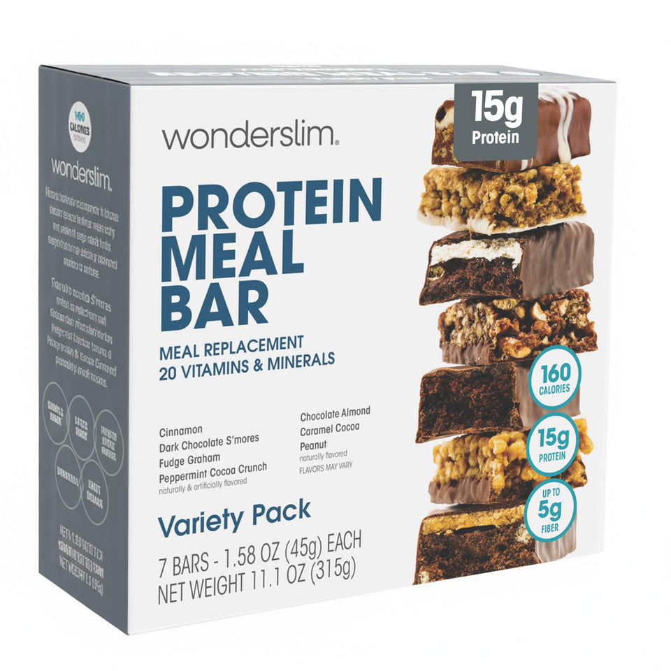 WonderSlim meal replacement bar variety pack front view for on-the-go protein snacking.
