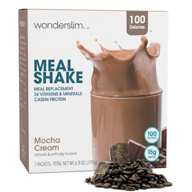 WonderSlim Mocha Cream packaging shows a creamy meal replacement for quick, balanced daytime meals