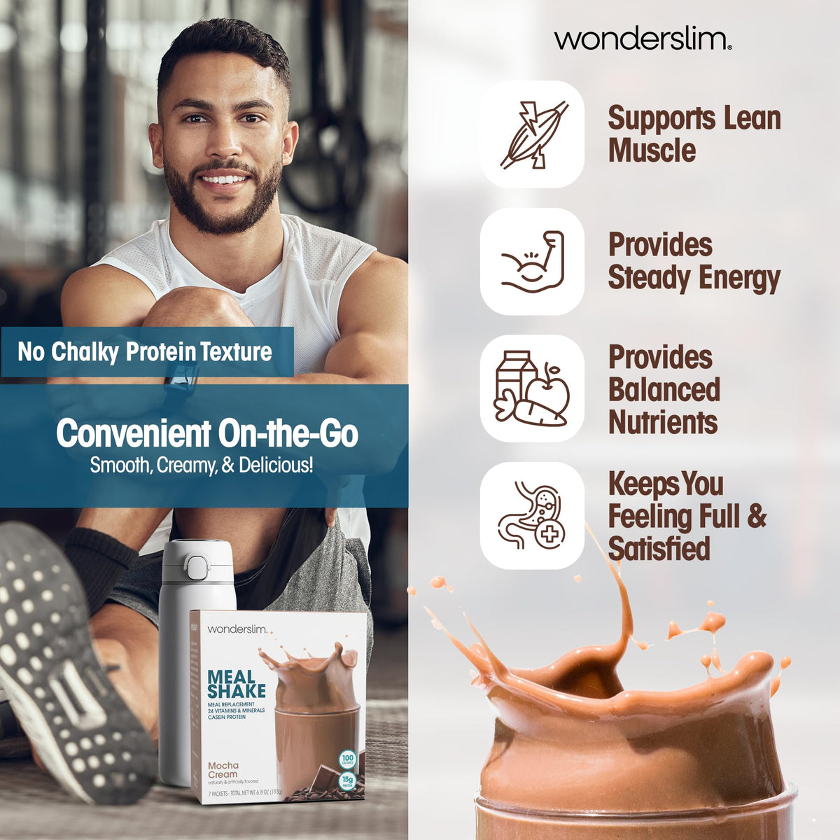 WonderSlim Mocha Cream scoop highlights easy mixing with 15g protein per serving