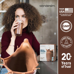 WonderSlim Chocolate Cream shake beside oats for a balanced breakfast.